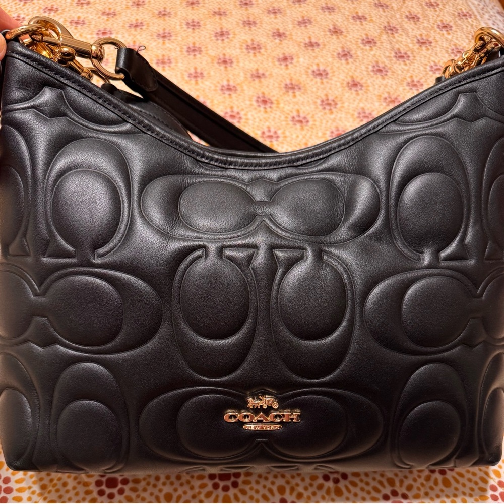 Coach Black Embossed Shoulder Bag with Gold Accents